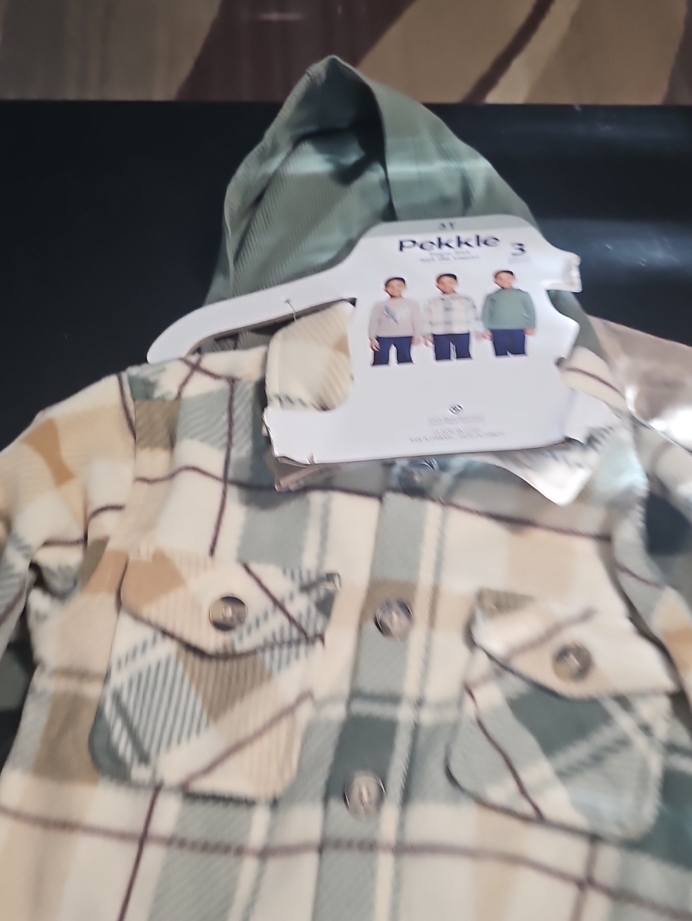 Kids Hooded Plaid Jacket - Sage Green & Cream 3 Piece Top Set